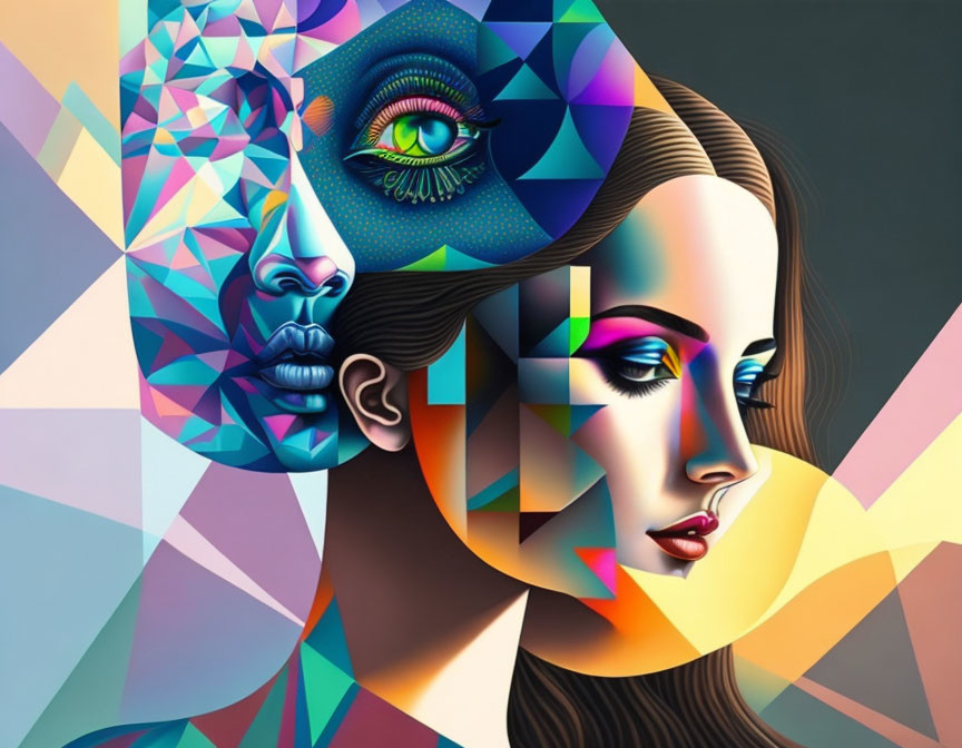 Vibrant digital artwork: woman's dual portrait with realistic and geometric sides