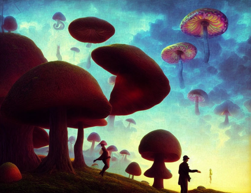 Surreal landscape with oversized mushrooms and floating jellyfish-like entities