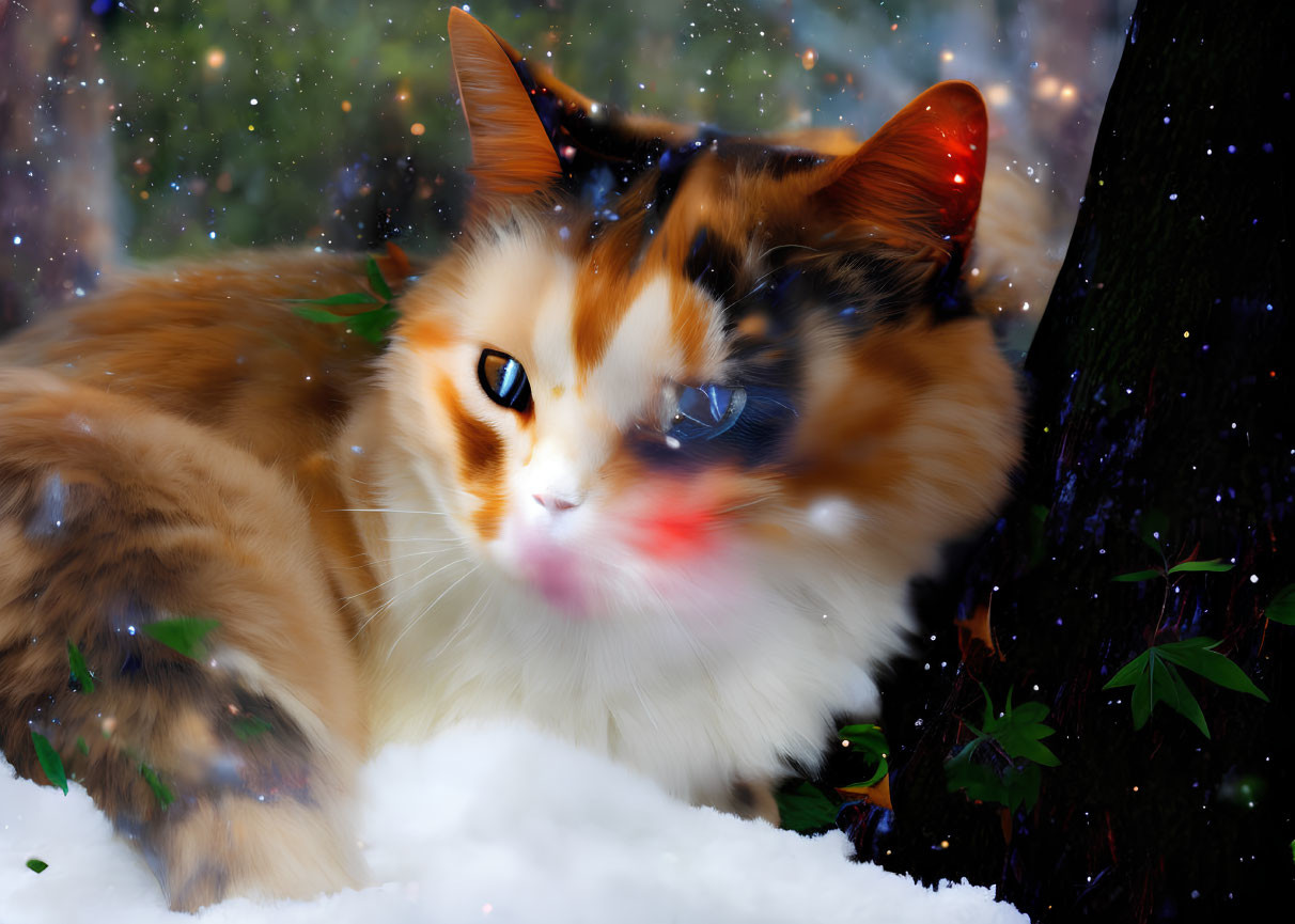 Fluffy cat with blue eyes in snowy scene next to tree