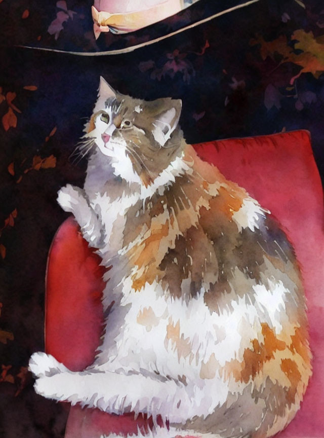 Fluffy Tri-Colored Cat Watercolor Painting on Red Cushion with Leaf Patterns