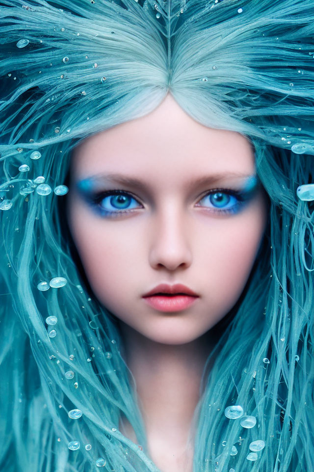 Portrait of Person with Striking Blue Eyes and Turquoise Wig with Bead-like Adornments