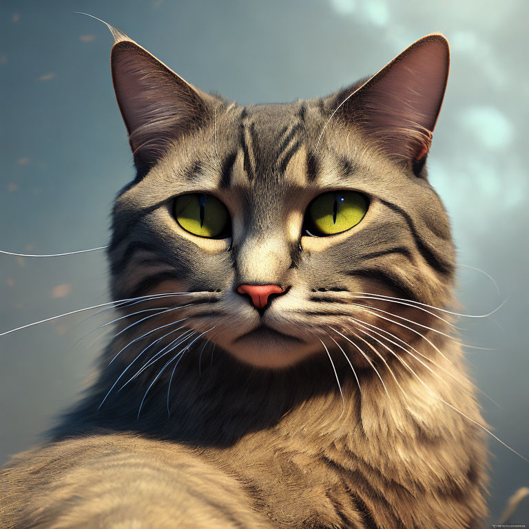 Photorealistic grey tabby cat with green eyes and whiskers in natural setting