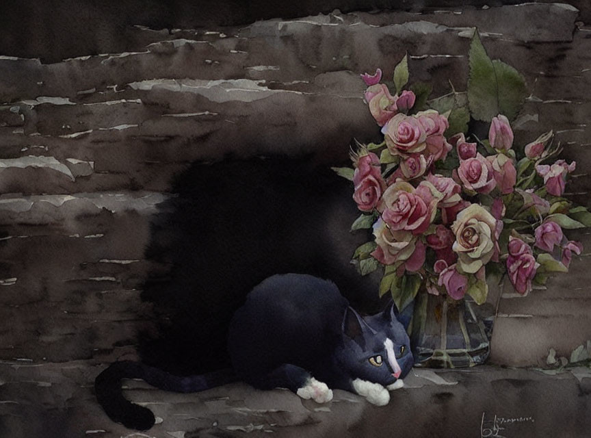 Black Cat with White Paws Resting Near Pink Roses on Stone Steps in Dimly Lit Setting