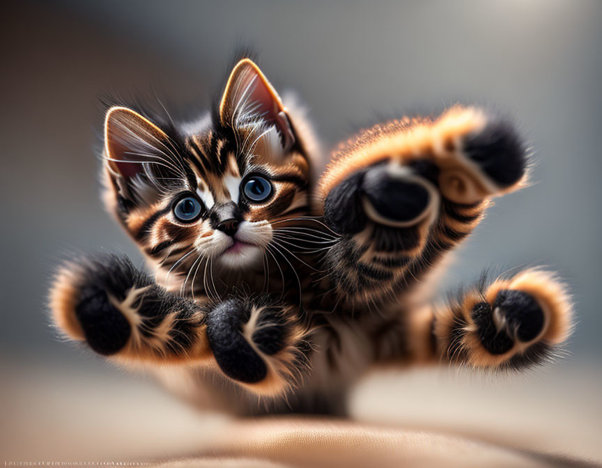 Close-up of kitten with striking blue eyes and prominent whiskers and paws.