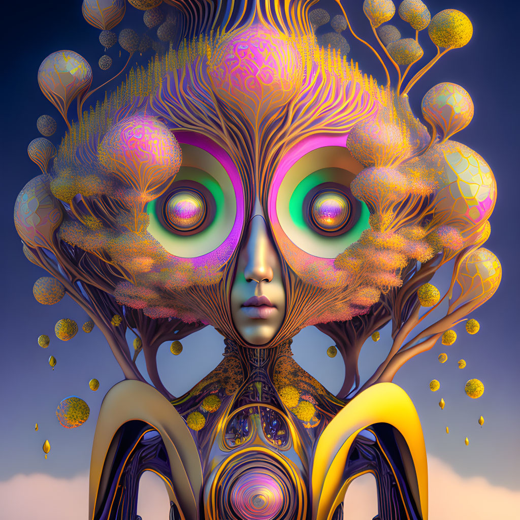 Colorful surreal digital art: intricate creature, large eyes, tree-like structures, detailed patterns, sky