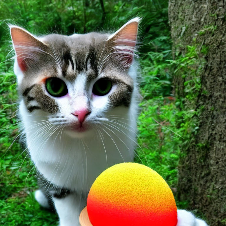 White and Grey Cat with Green Eyes and Colorful Ball in Front of Greenery