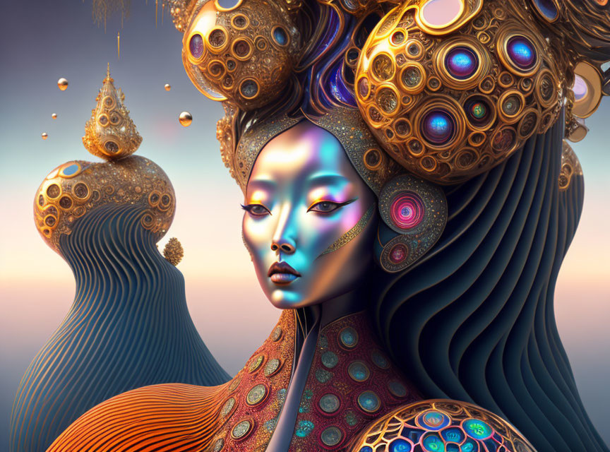 Surreal portrait of woman in intricate headpiece and gown in blues, golds, and pur