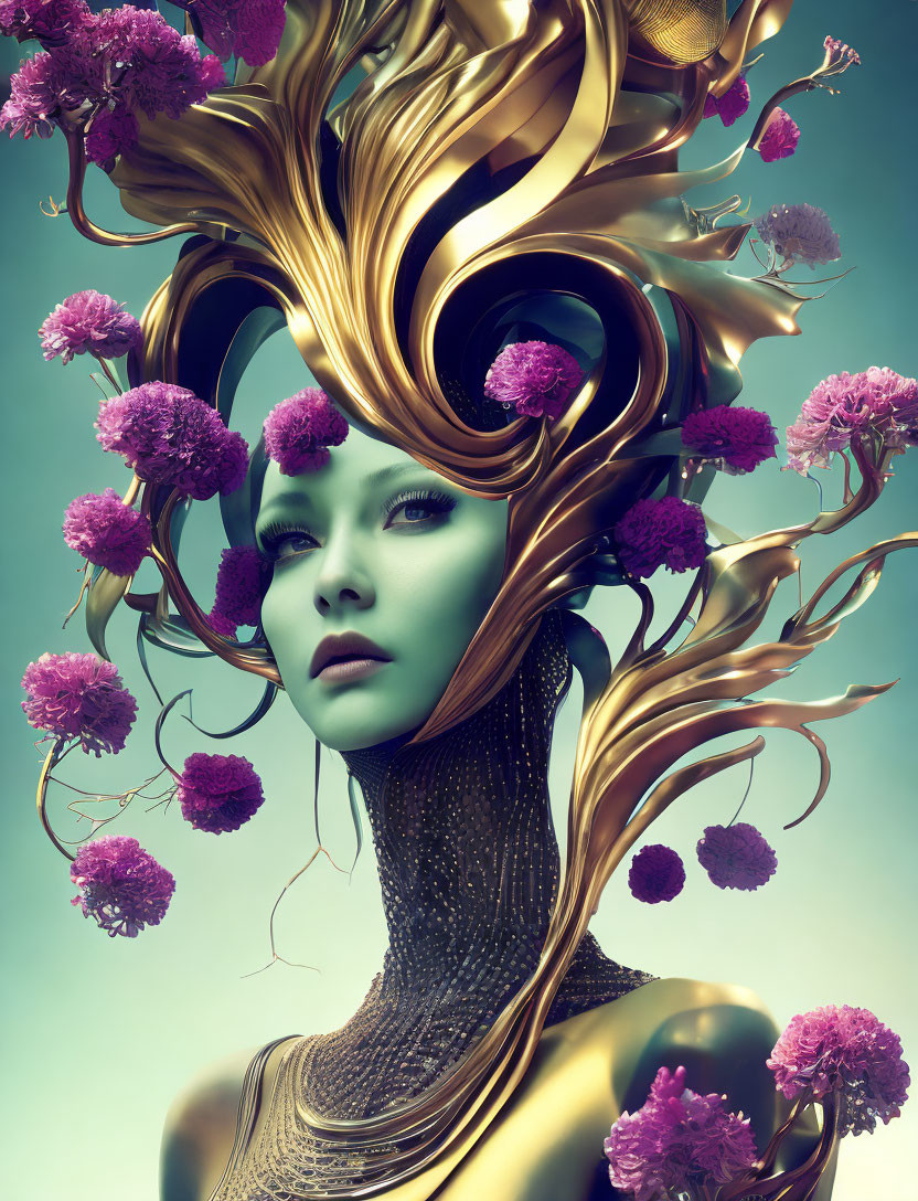 Surreal portrait of woman with green skin and golden headdress