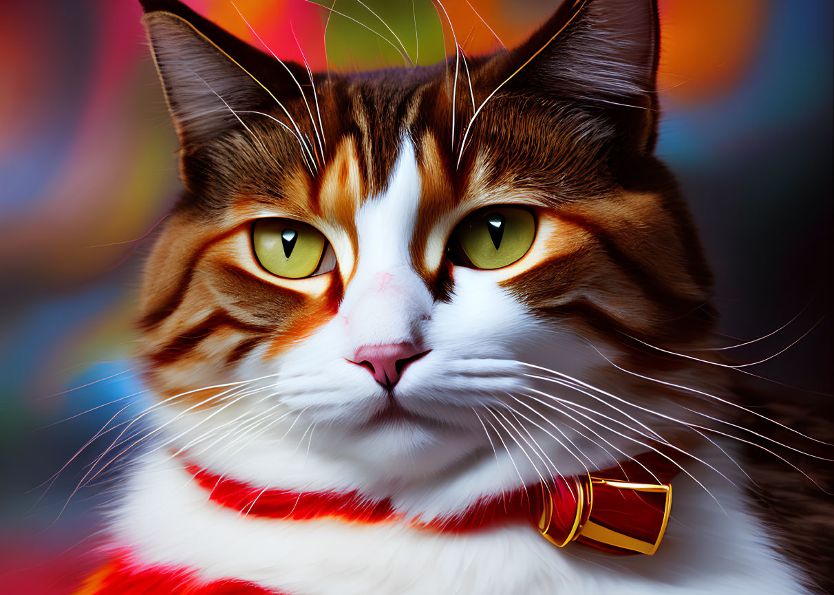 Tricolor cat with green eyes and red collar on vibrant background