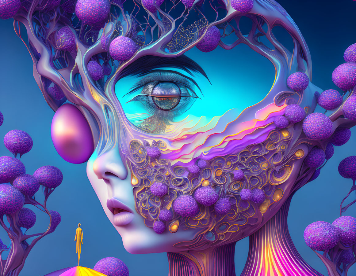 Surreal female figure in digital artwork with purple orbs and gold patterns