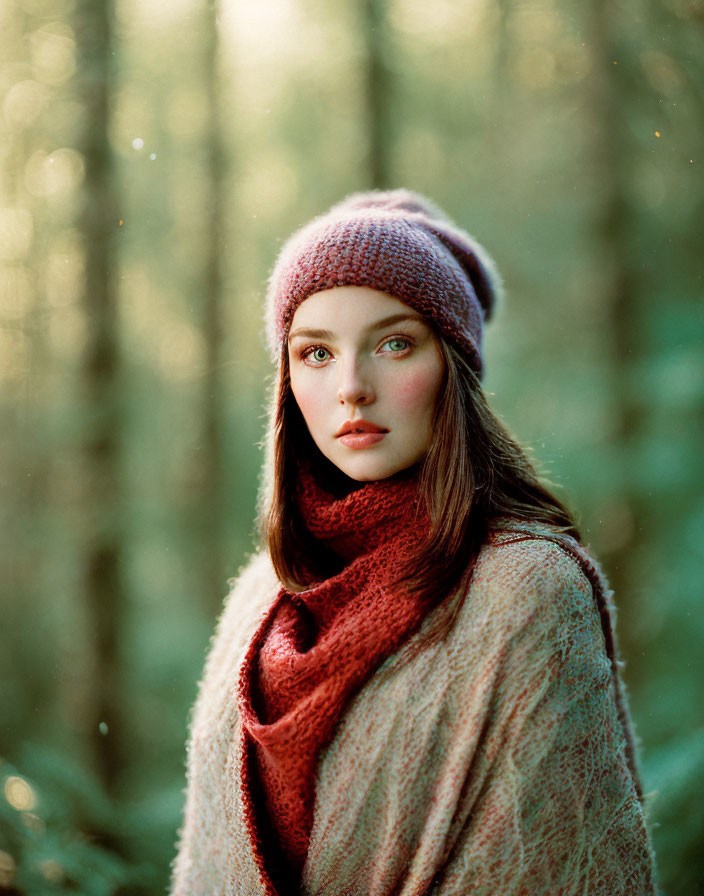 Woman in Knitted Hat and Scarf Standing in Sunlit Forest