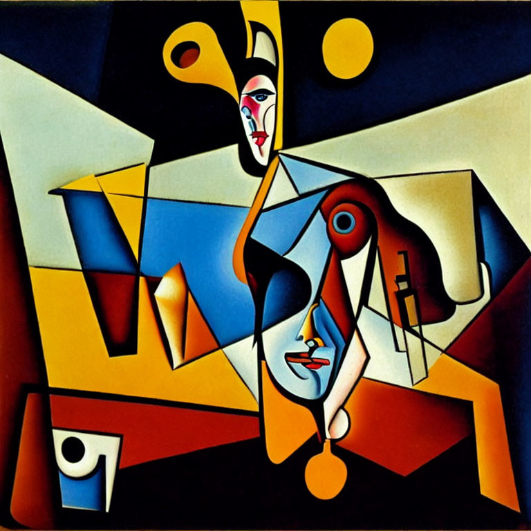 Abstract Cubist Painting: Fragmented Faces in Vivid Colors