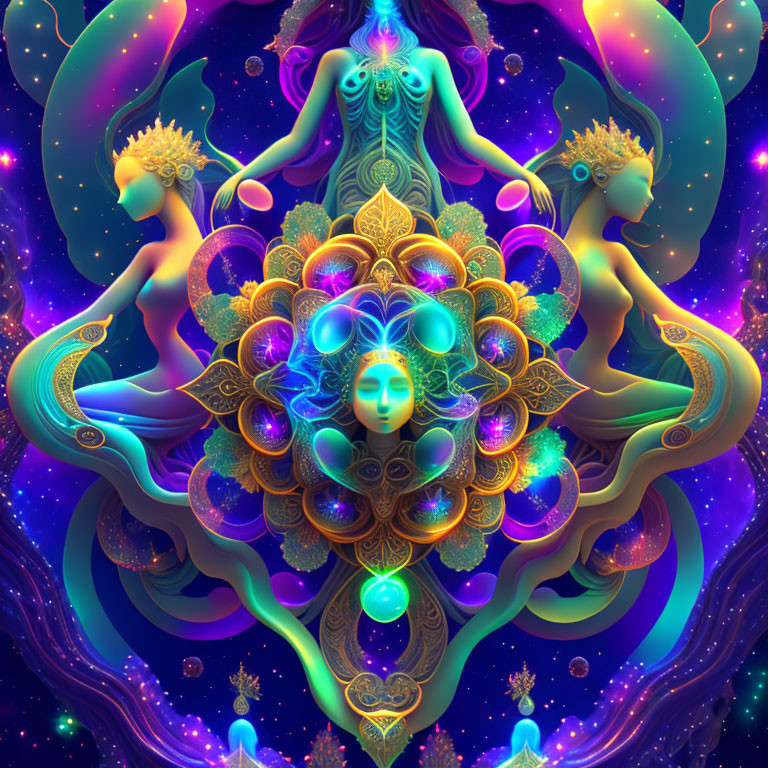 Colorful digital artwork of multi-armed entity with serene face surrounded by ethereal human-like figures in