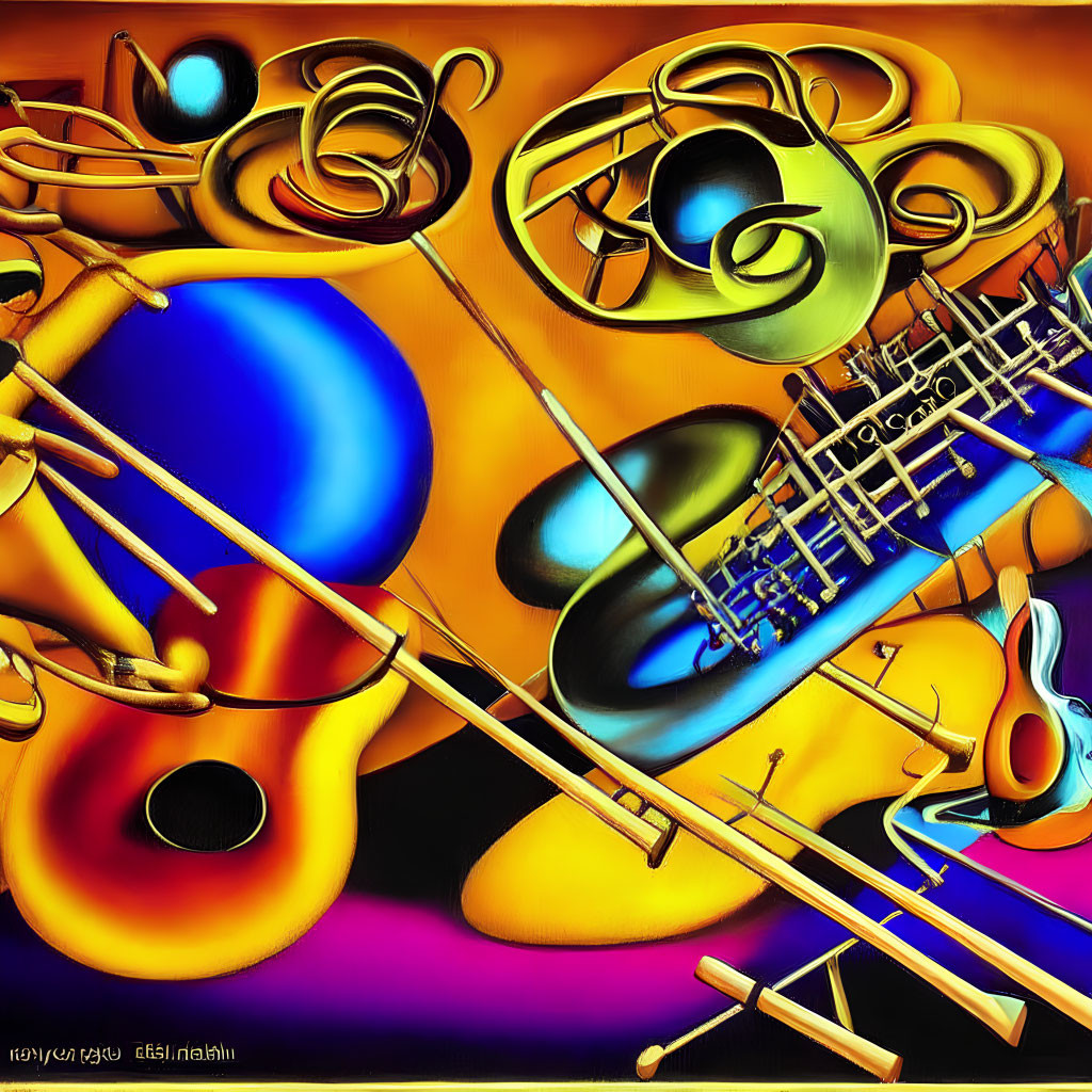 Colorful Abstract Artwork Featuring Brass Musical Instruments and Music Notes