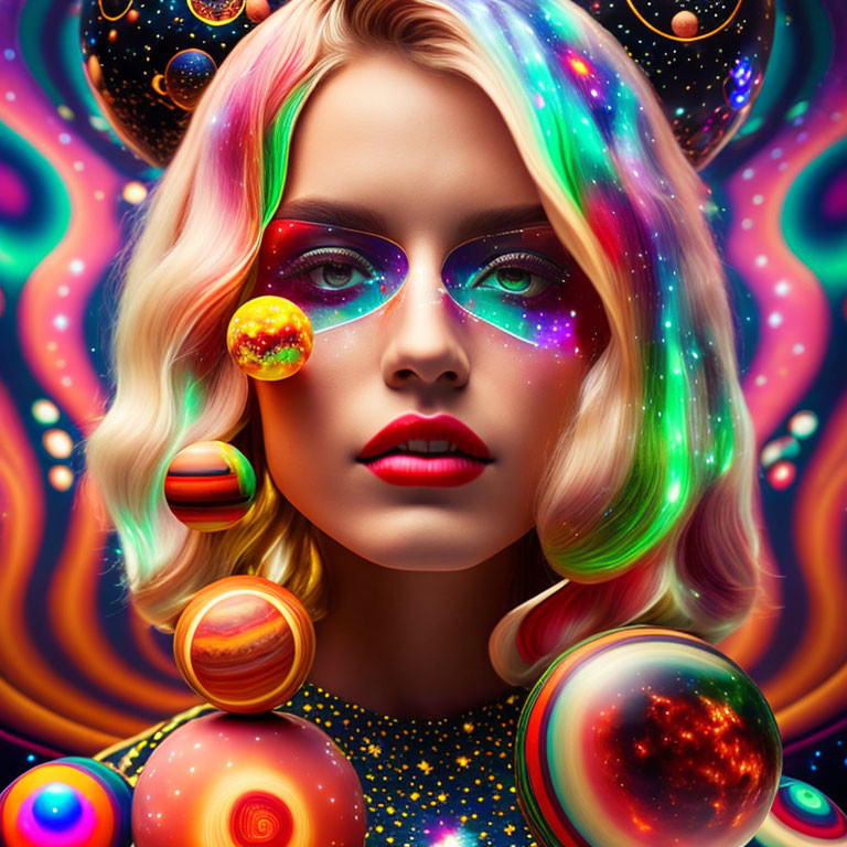 Multicolored hair woman with cosmic makeup in surreal galaxy portrait