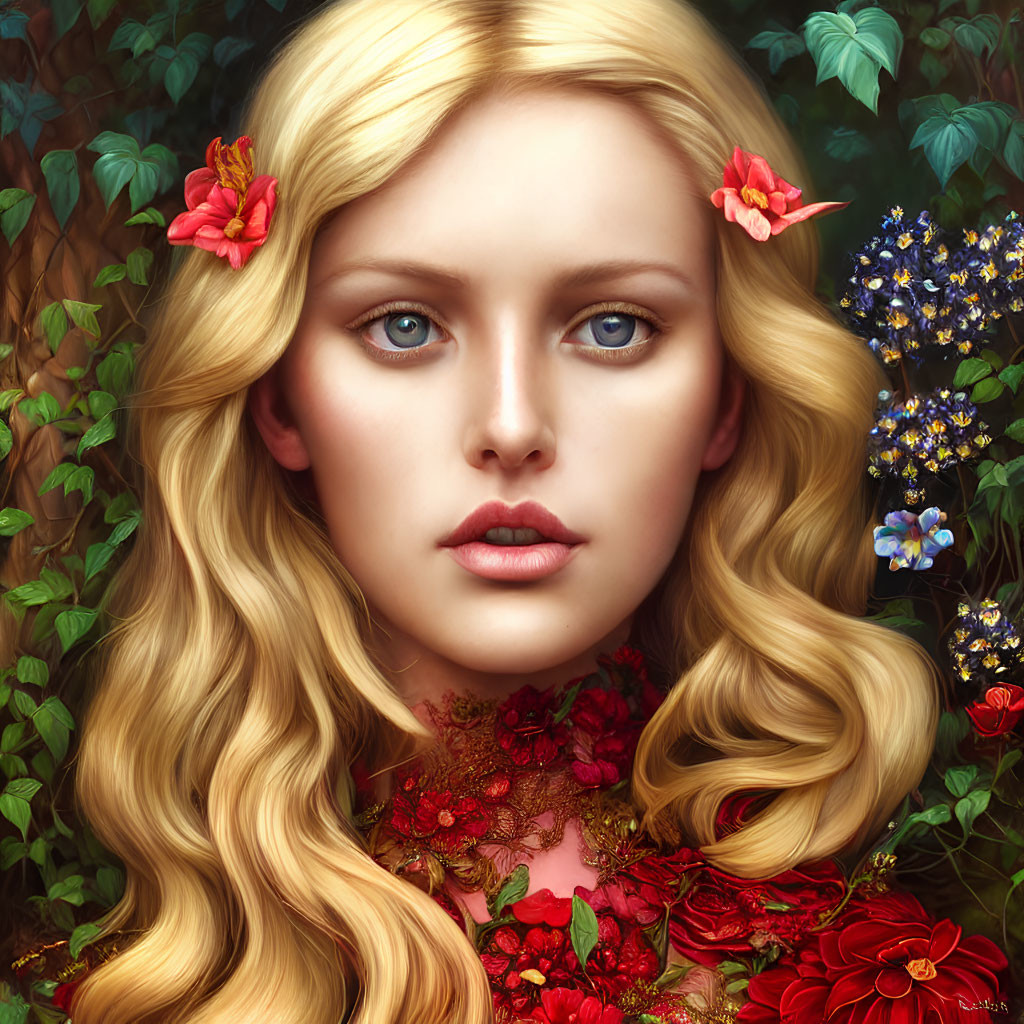 Portrait of woman with golden wavy hair, blue eyes, red flowers, lush greenery.