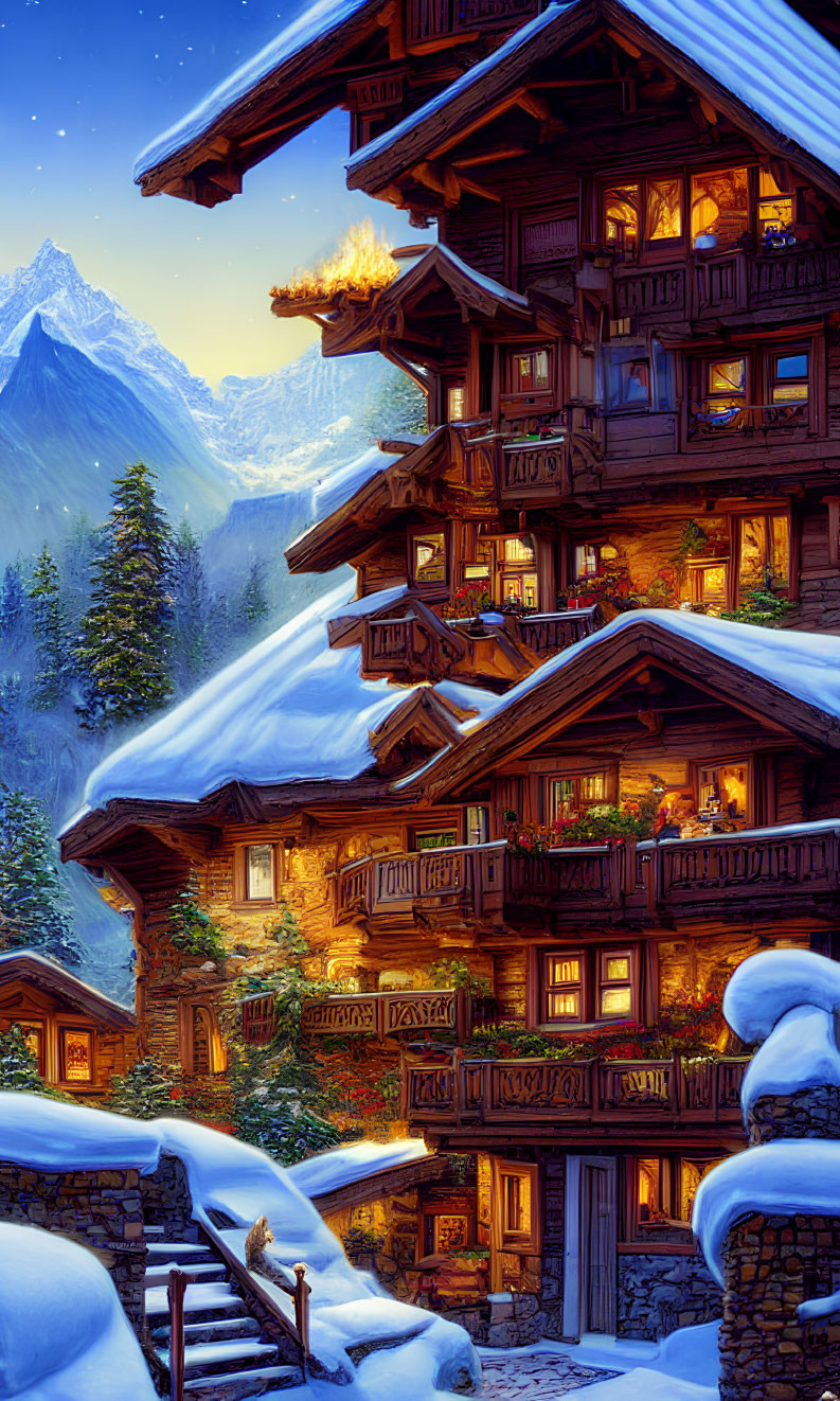 Snow-covered landscape with wooden chalet and mountains at dusk