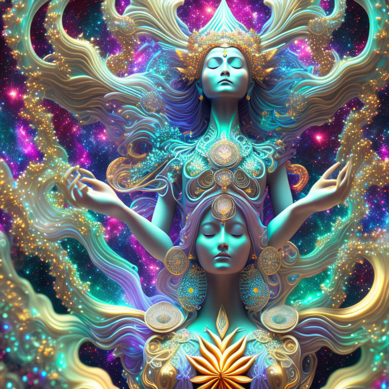 Colorful digital artwork of cosmic entity with multiple arms and celestial motifs