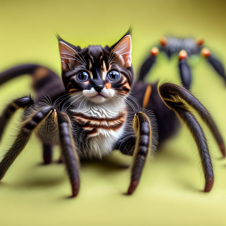 Surreal creature with spider body and kitten face on yellow background