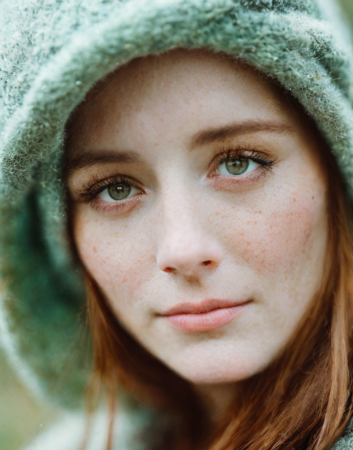 Fair-skinned woman with freckles and green eyes in hood gazes at camera