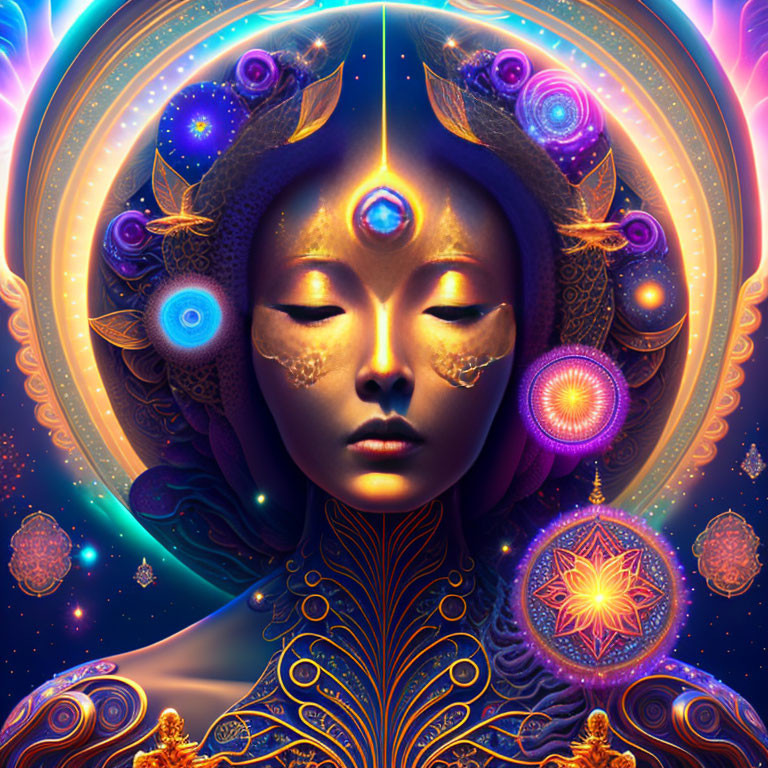 Colorful surreal digital artwork: Woman with cosmic motifs