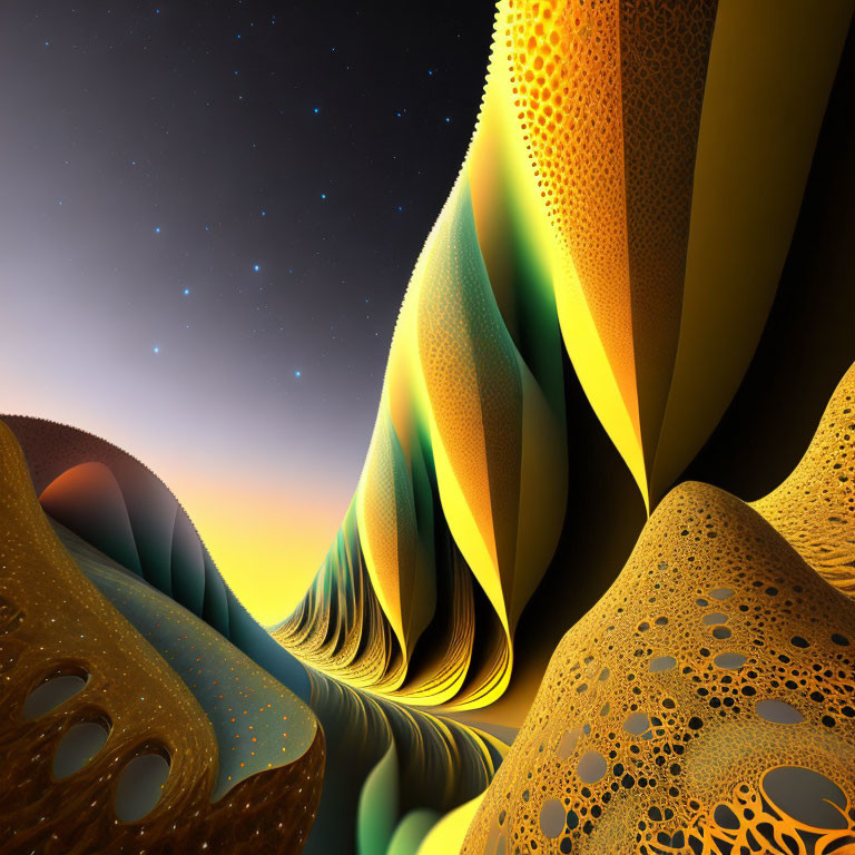 Warm-Toned Fractal Landscape on Starry Night Sky