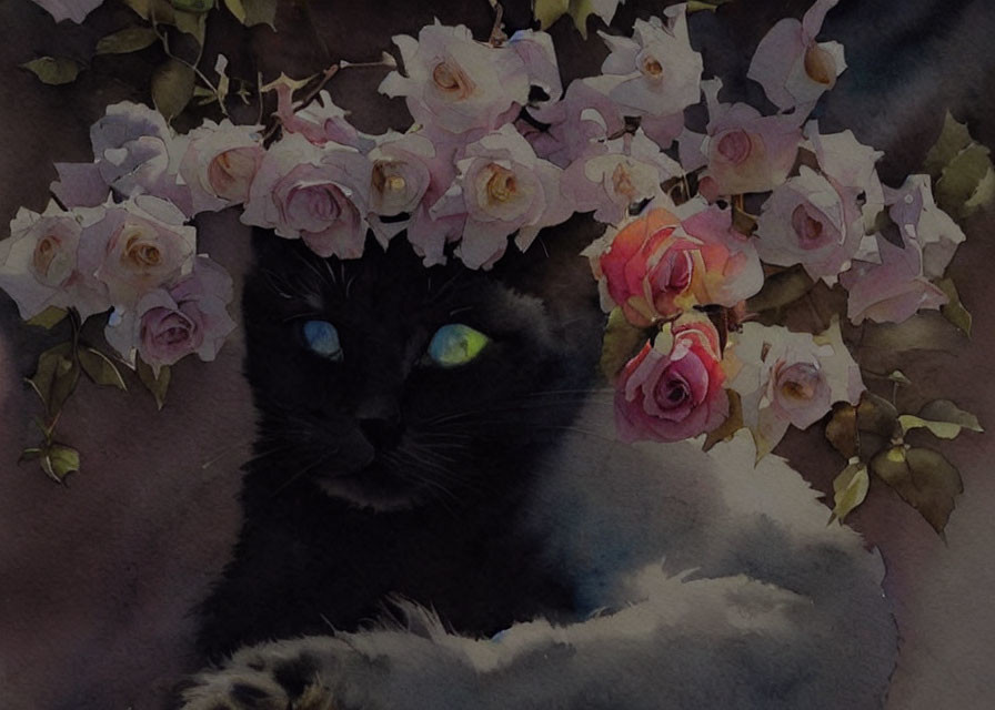 Black Cat with Green Eyes Among Pink Roses on Dark Watercolor Background