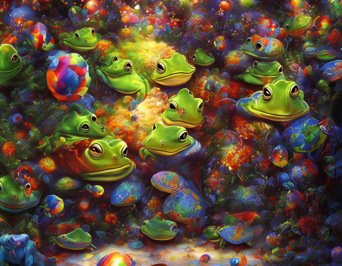 Whimsical frog-themed digital art in colorful forest setting