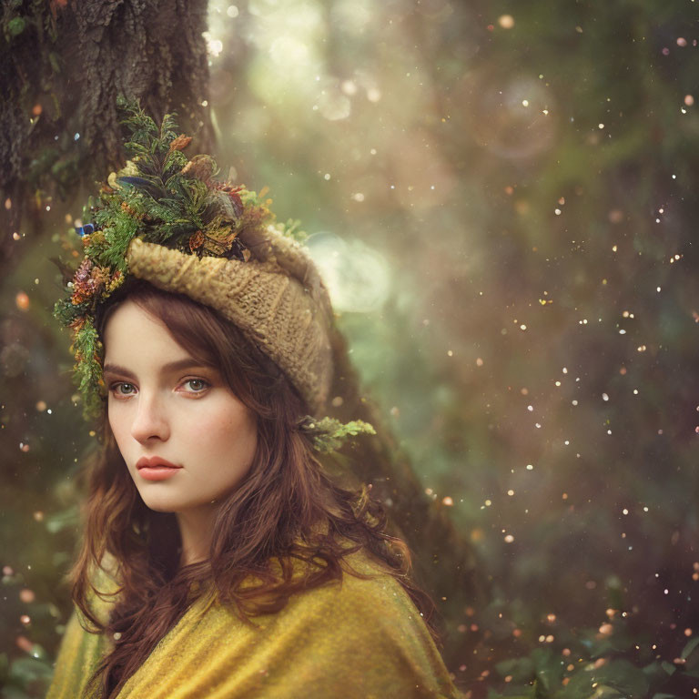 Woman in Knitted Hat and Yellow Shawl Surrounded by Forest Lights