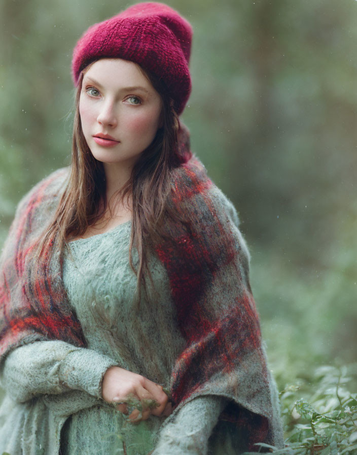 Woman in Red Beanie and Green Sweater with Checkered Shawl in Autumnal Setting