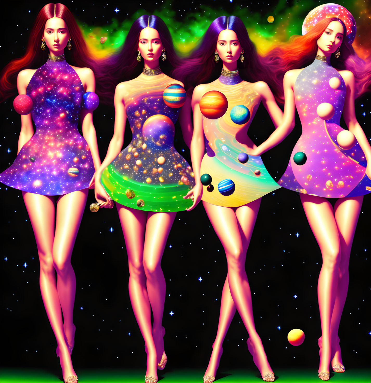 Four Women in Planetary-Themed Dresses on Starry Space Background