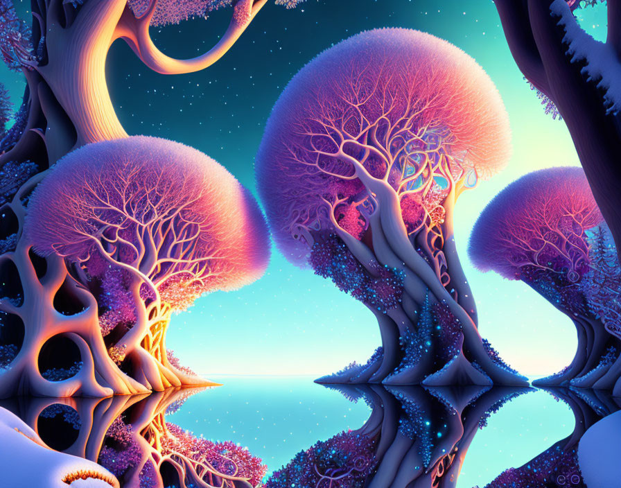 Vibrant fantasy landscape with intricate tree-like structures and rainbow hues