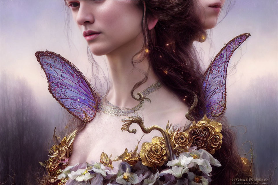 Digital artwork: Woman with ethereal appearance, golden floral jewelry, iridescent butterfly wings