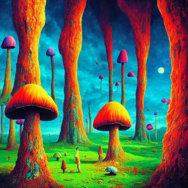 Fantasy forest with towering trees and giant mushrooms under twilight sky