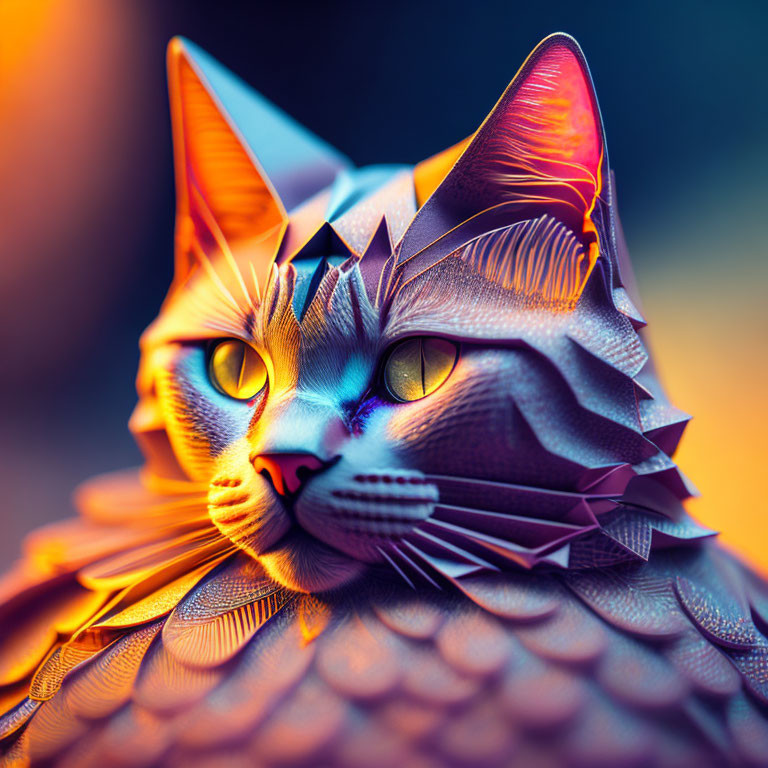 Colorful Stylized Cat Artwork with Geometric Patterns in Blue and Orange