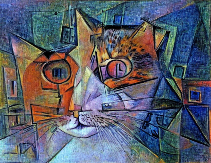 Colorful Cubist-Style Cat Painting with Geometric Shapes