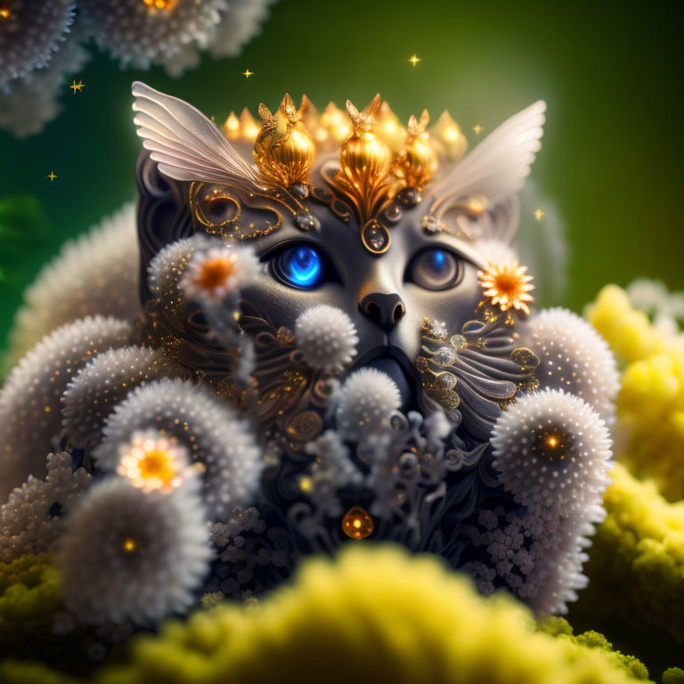 Blue-eyed mystical cat with golden headpiece among white and yellow blooms under starry sky