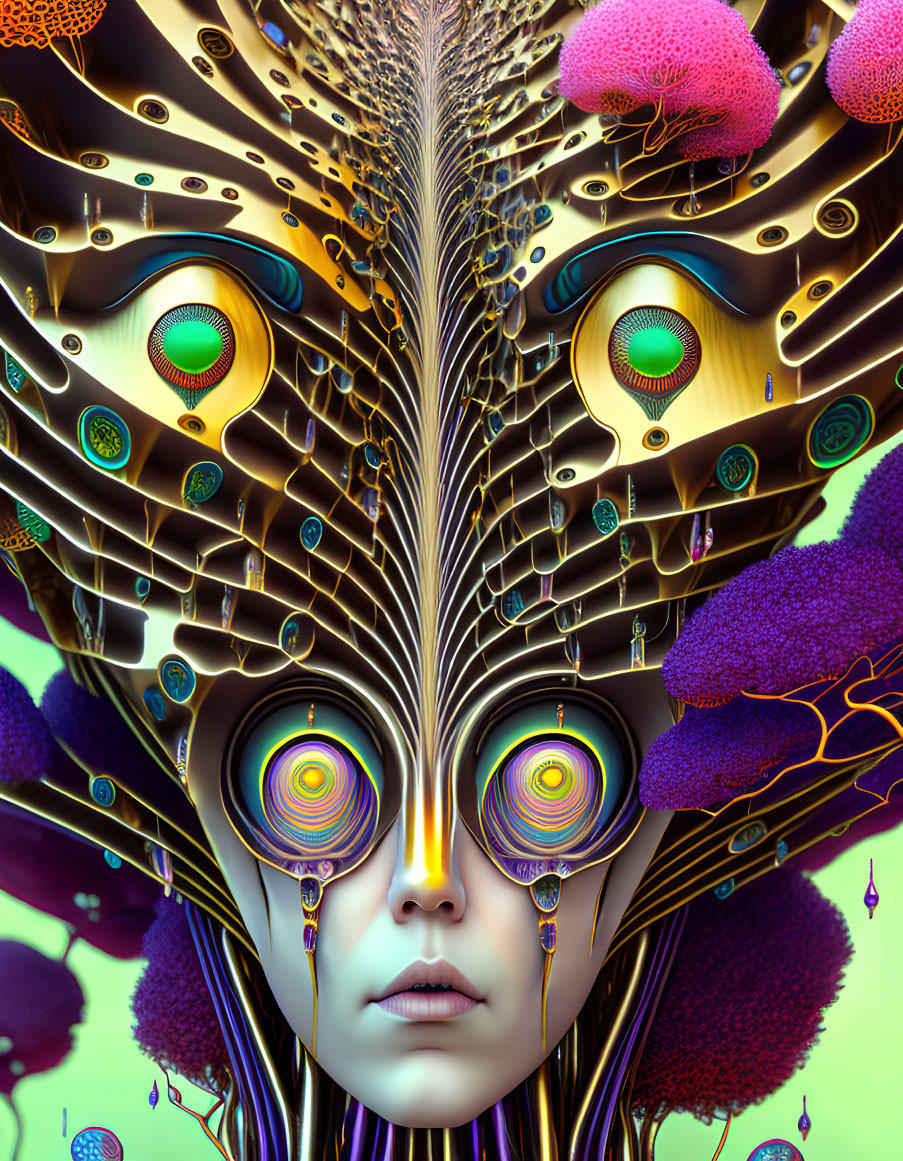 Colorful surreal portrait with peacock feather-inspired face decoration