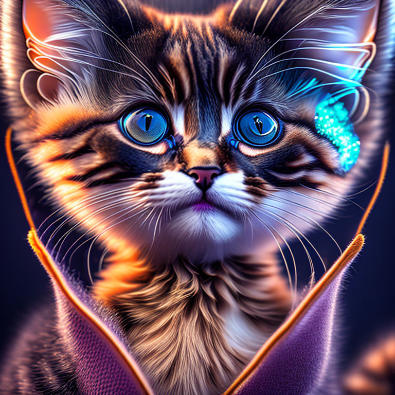 Colorful Stylized Kitten with Blue Eyes and Intricate Fur Patterns