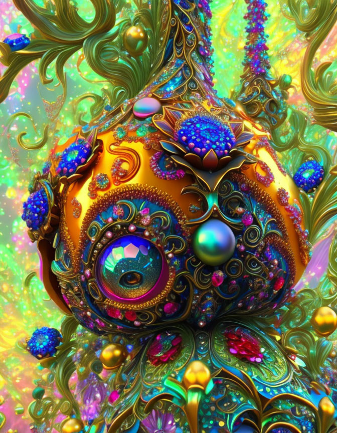 Colorful fractal image with intricate patterns and central eye motif