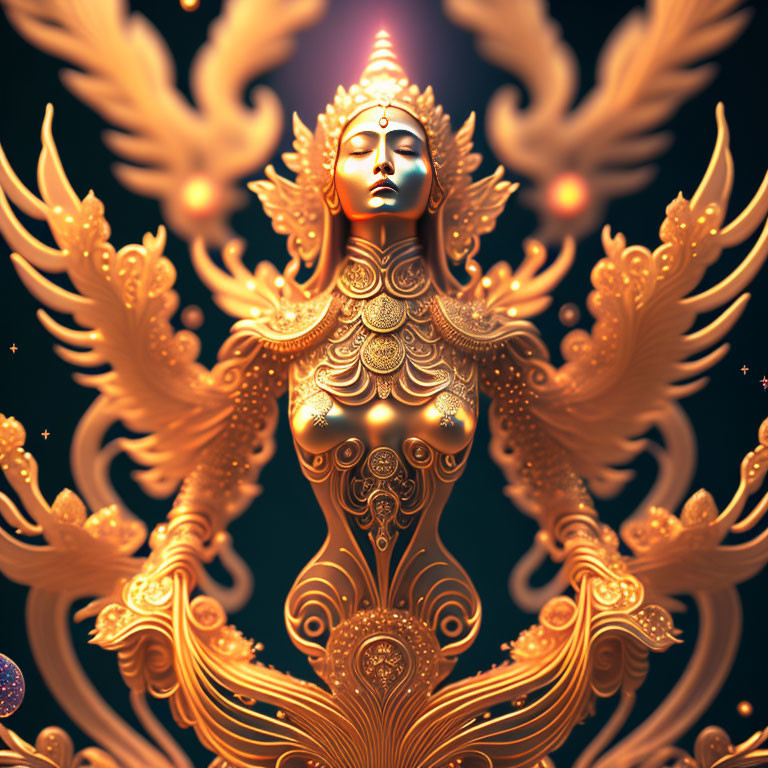 Golden ornate figure with serene face in intricate wing-like patterns on deep blue background