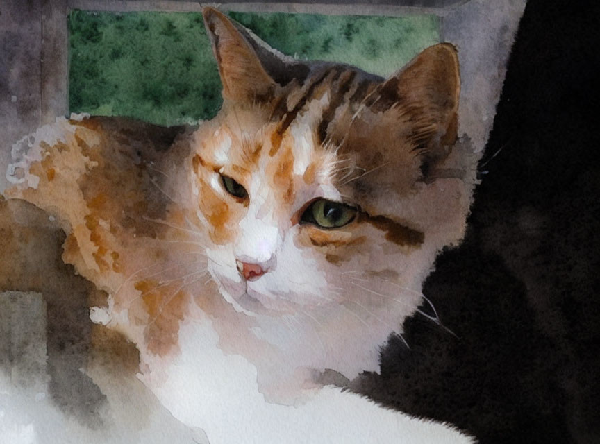 Cat Watercolor Painting: White and Orange Fur, Green Eyes