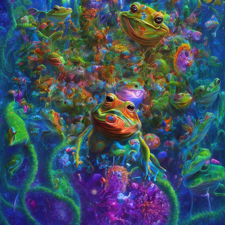 Colorful Frogs in Psychedelic Underwater Scene