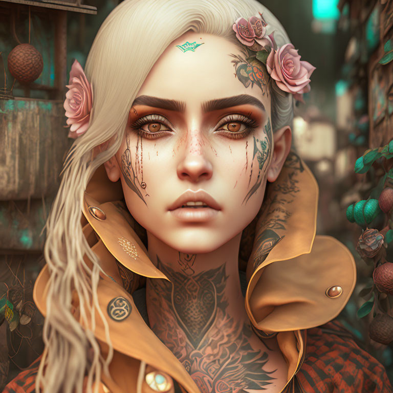 Portrait of woman with pale skin, amber eyes, floral tattoos, piercing gaze, and roses in white