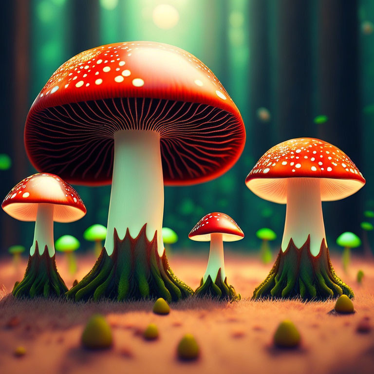 Three red-and-white spotted mushrooms in whimsical forest with green plants