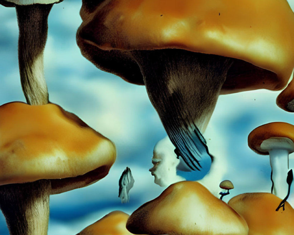 Surreal painting: oversized mushrooms with human faces and small figures on blue sky