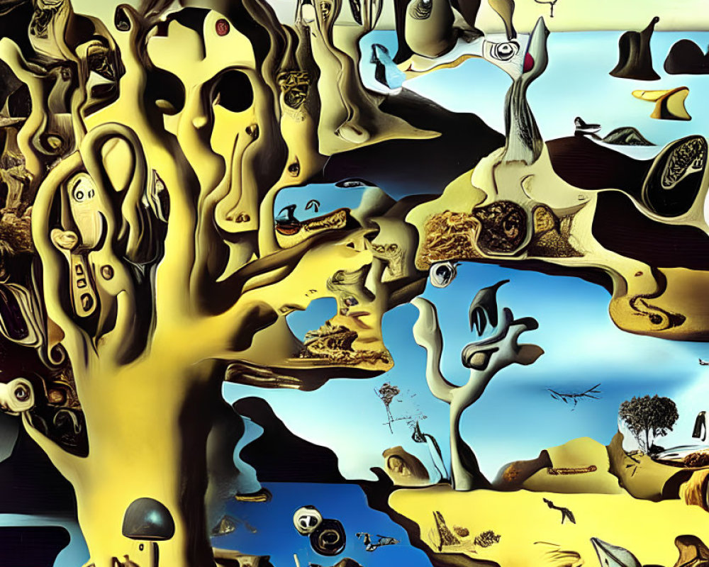 Surreal landscape painting with melting trees and faces in blue, brown, and yellow palette