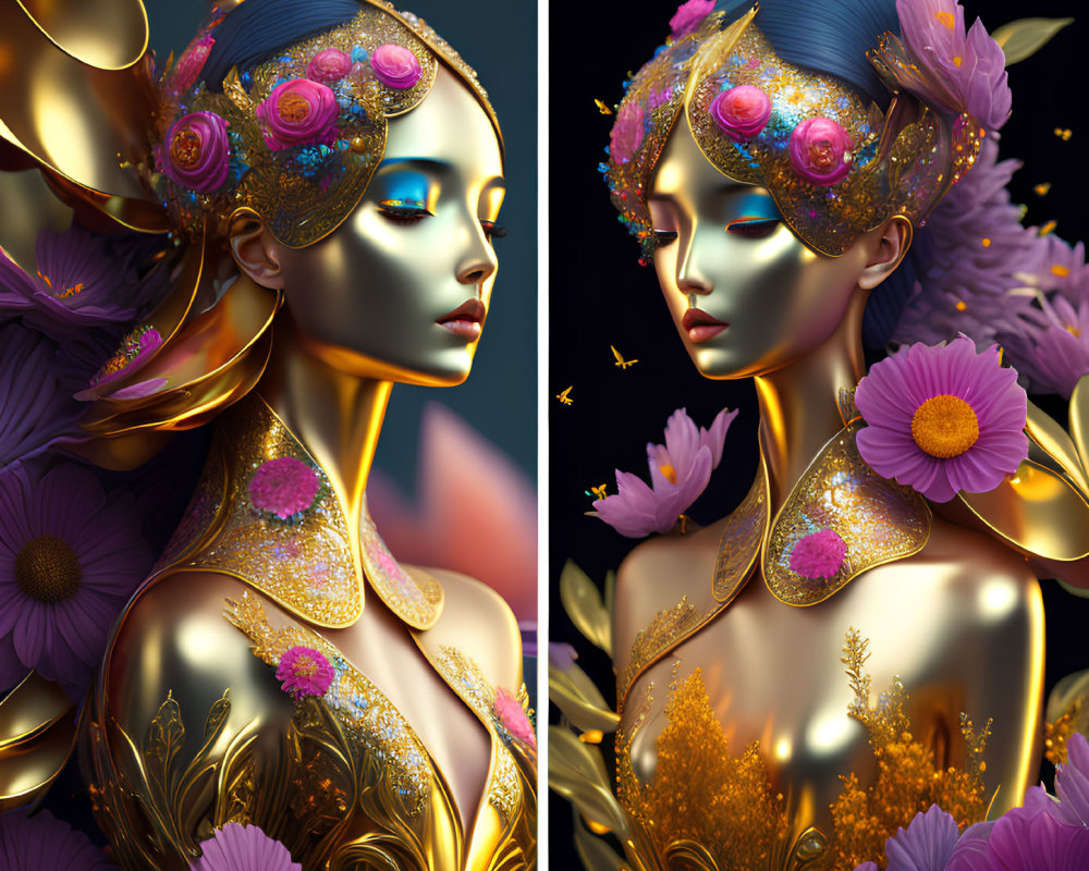 Symmetrical female figures with gold accents and pink flowers on dark background