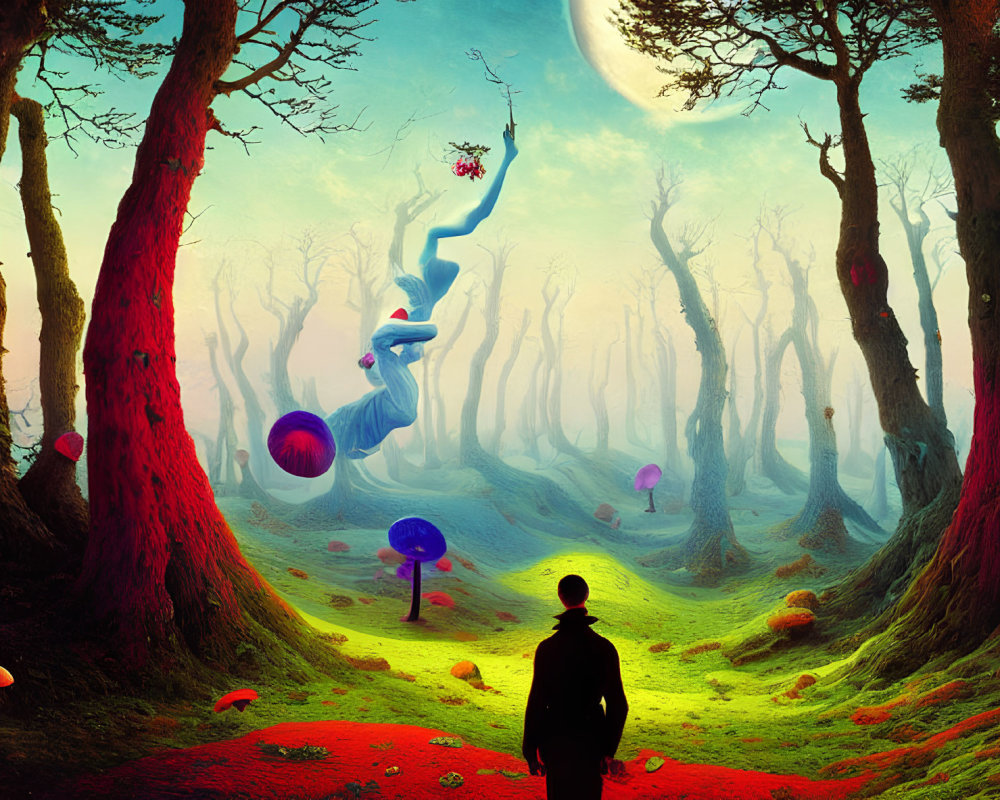 Person in Vibrant Fantasy Forest with Whimsical Trees