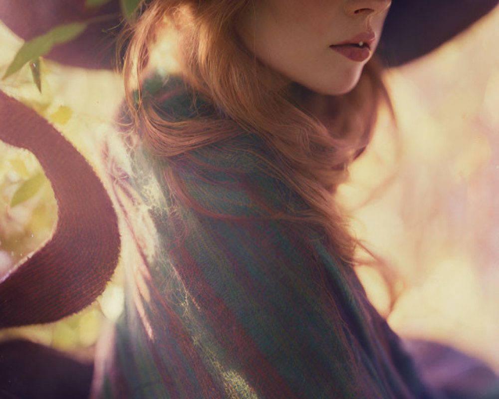 Woman with flowing hair in wide-brimmed hat gazes into sunlit nature